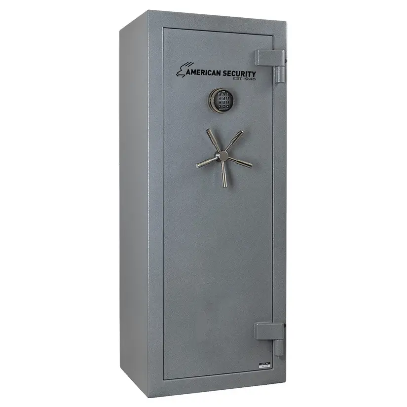 A tall, gray Amsec Gun Safe with a digital keypad, metal handle, and American Security logo on the front door stands against a white background—ideal for those searching for secure gun and rifle safes.