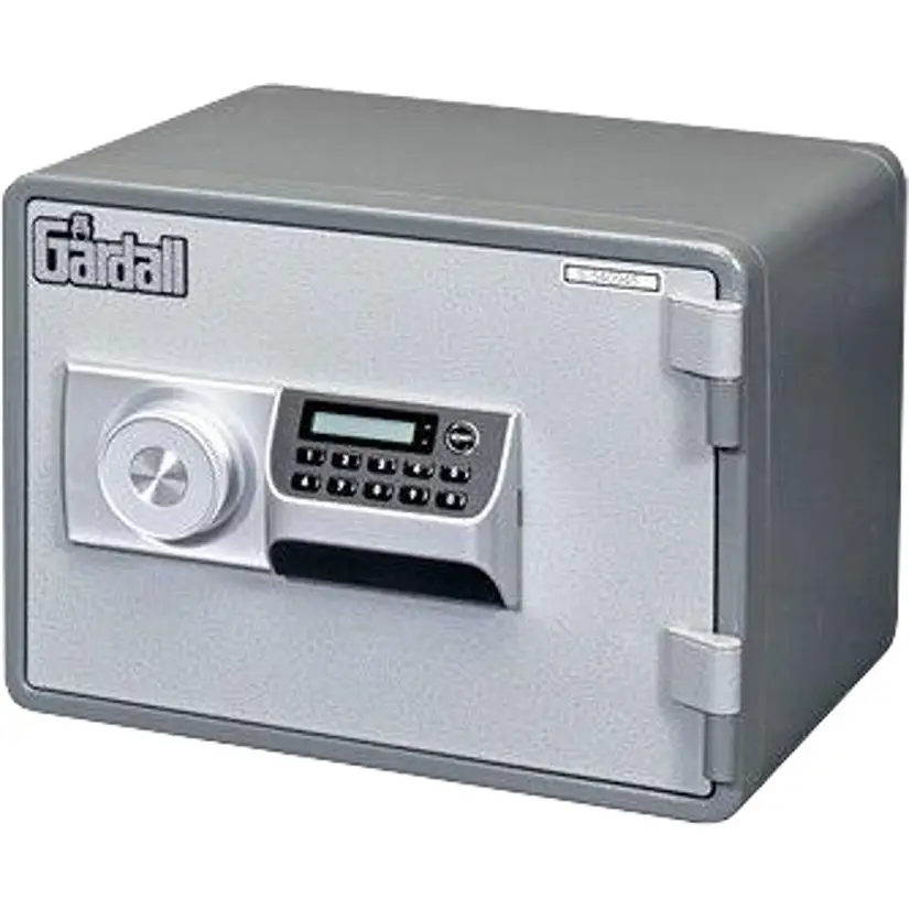 A gray Gardall 1 Hour Fire Safe with a digital keypad, round combination dial, and handle on the front, placed against a white background.