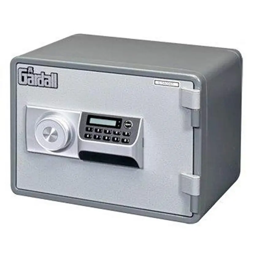 A gray Gardall 1 Hour Fire Rated Safe with a digital keypad, display screen, and round dial on the front, designed for secure storage.