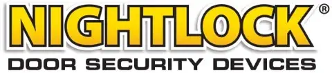 Logo with the word NIGHTLOCK in large yellow letters, outlined in black and white, above the smaller black text DOOR SECURITY DEVICES on a white background—designed for enhanced Home Invasion Protection.