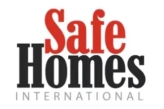 Logo for Safe Homes International featuring "Safe" in red and "Homes" in bold black, highlighting Home Invasion Protection, with "International" below in smaller, thin black letters.