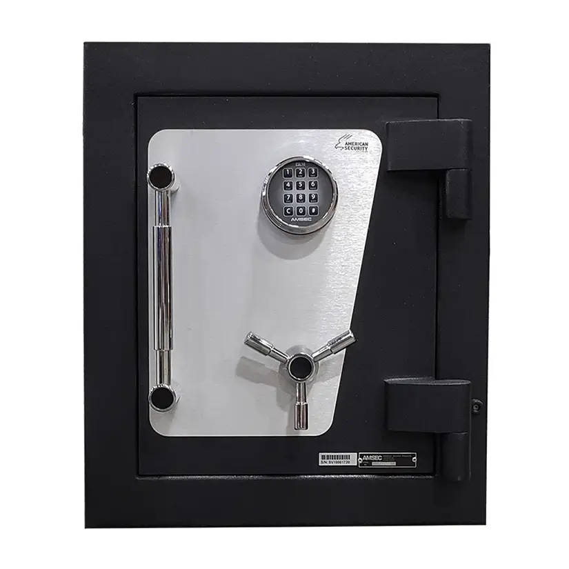 A black and silver Amsec CEV1814 Amvault TL15 Safe with a digital keypad, two vertical handles, and a three-spoke handle on the front door, set against a plain white background.