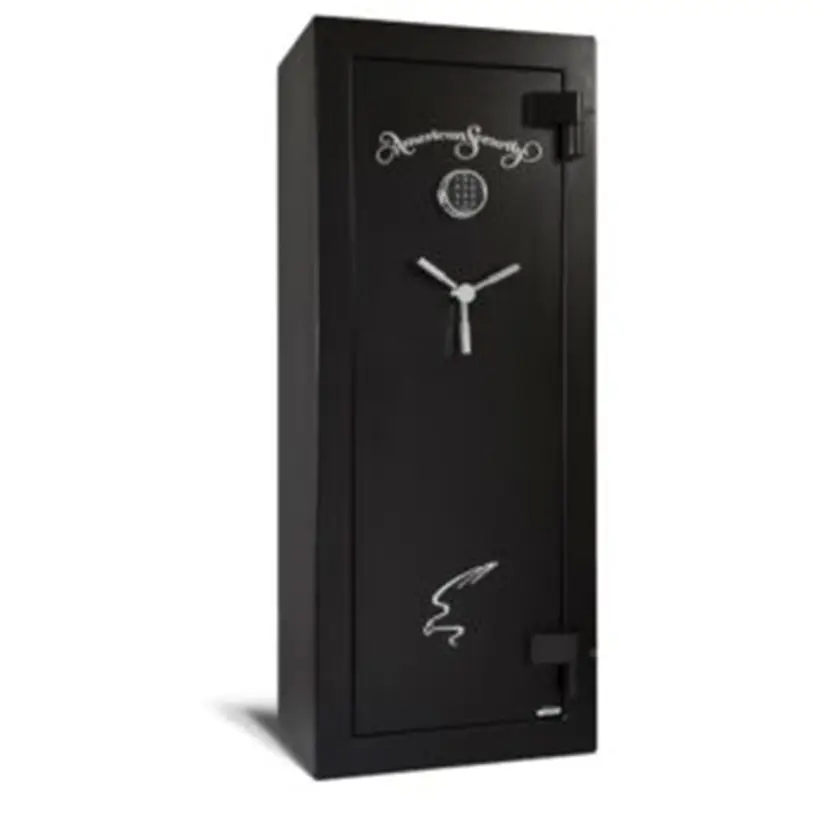 A tall, black Fire Rated Gun Safe with a silver handle and locking mechanism, featuring decorative white script and designs on the door, stands upright against a plain background.
