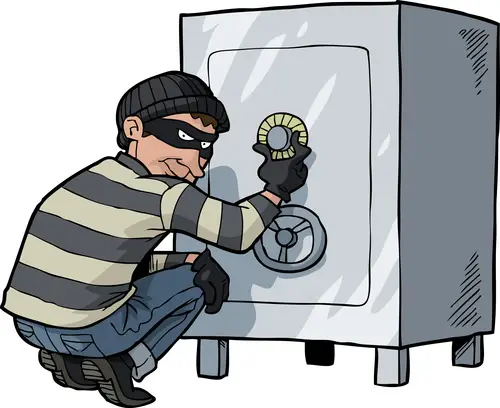 A cartoon thief in a striped shirt, black mask, and beanie crouches in front of a large safe with high Safe Burglary Ratings, turning the combination lock with a gloved hand.
