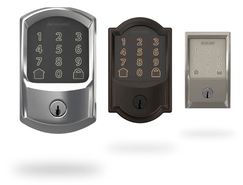 Three electronic keypad door locks in silver, bronze, and brushed nickel finishes, each with number pads and a key slot at the bottom, displayed against a light background with soft shadows.