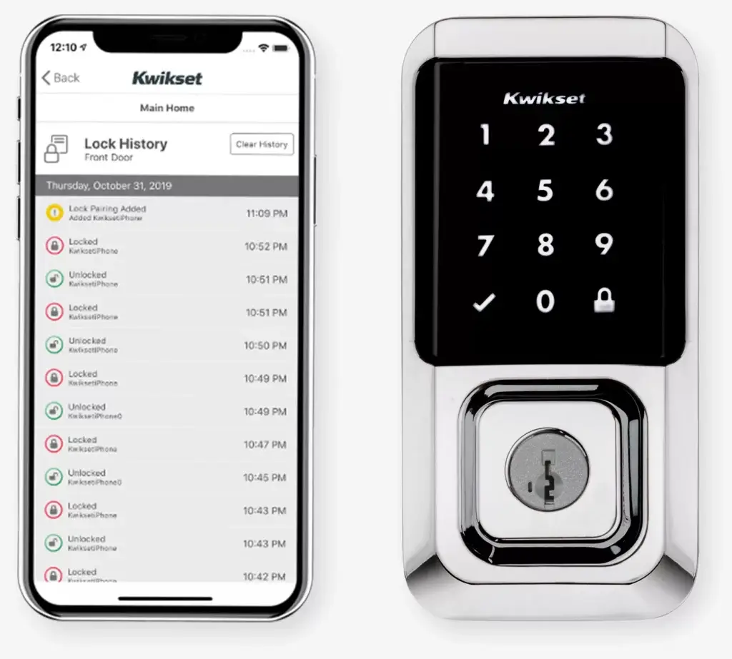 A smartphone displays a Kwikset app showing lock history, next to a Kwikset Smart Keypad Lock with a touchscreen keypad and a keyhole at the bottom.
